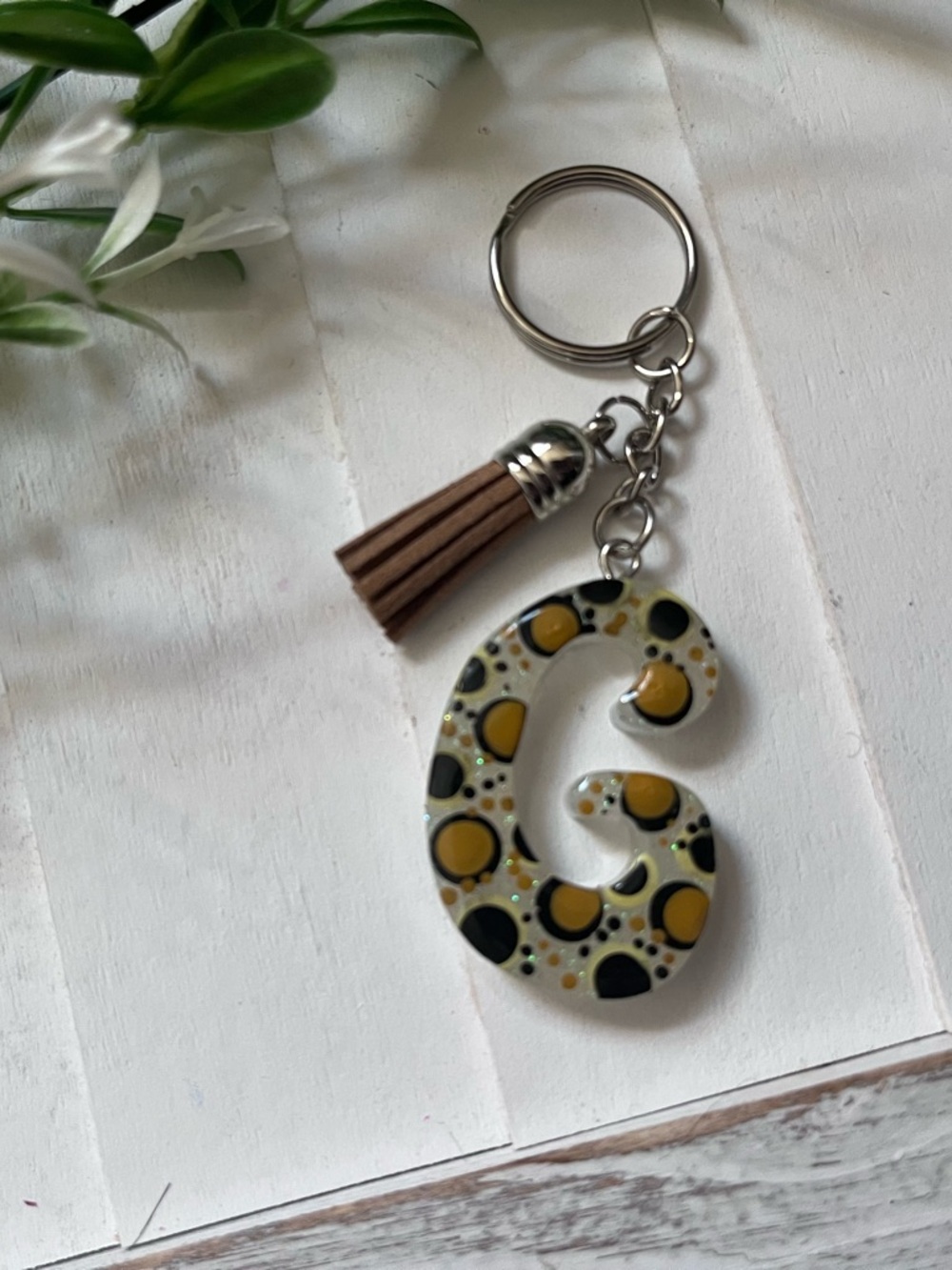 New Letter G Keychain with Tassel - Yellow & Black Polka Dot